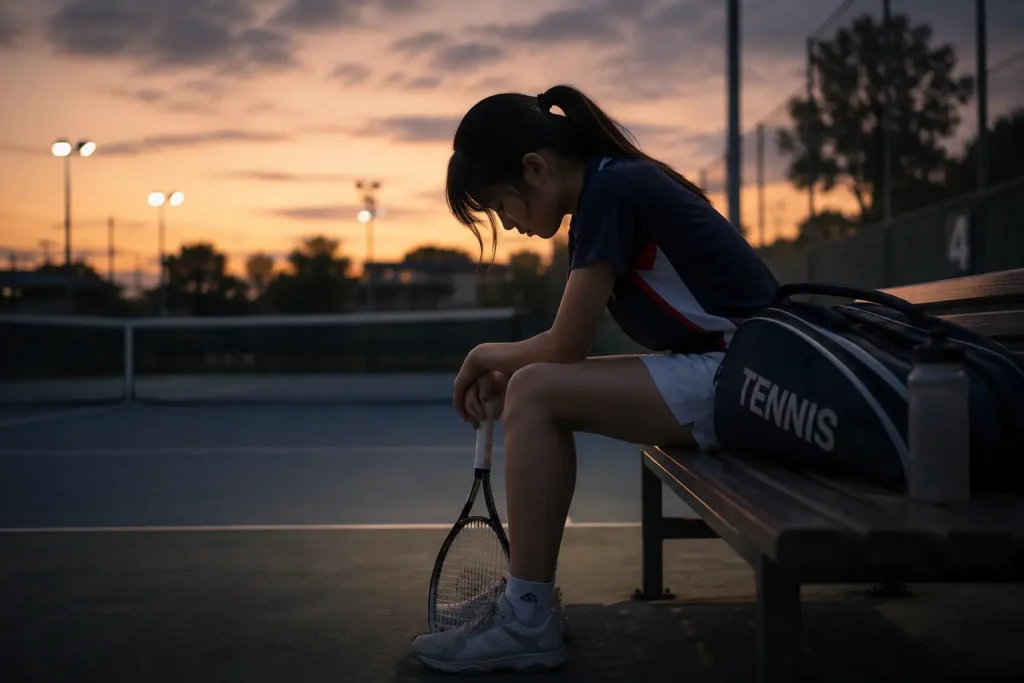 コートで肩を落とす女子ジュニアテニスプレーヤー。